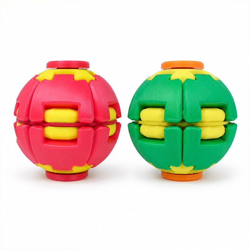 Pair of 3D printed spinning fidget balls: red with yellow and green with yellow