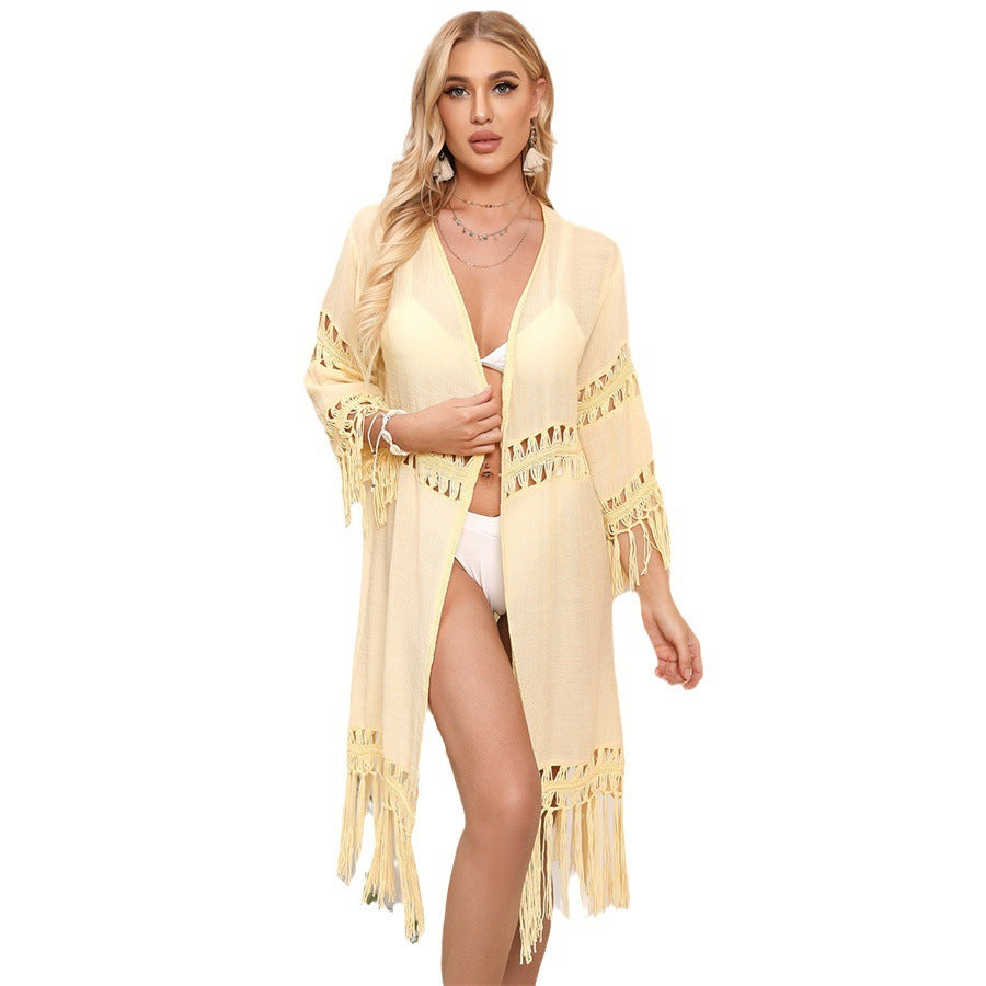 Hand Crocheting Cardigan Stitching Tassel Loose Beach Cover-up
