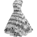Sleeveless A-line maxi dress with black music note print on white background