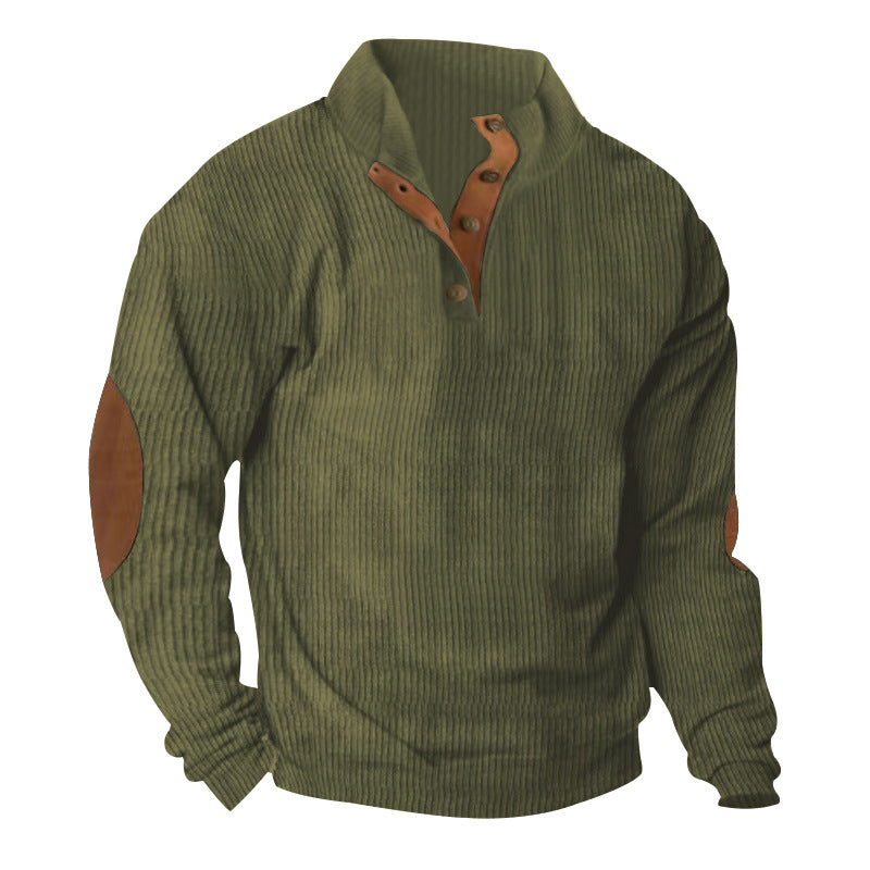 Army green corduroy stand-collar pullover sweater with snap placket and long sleeves