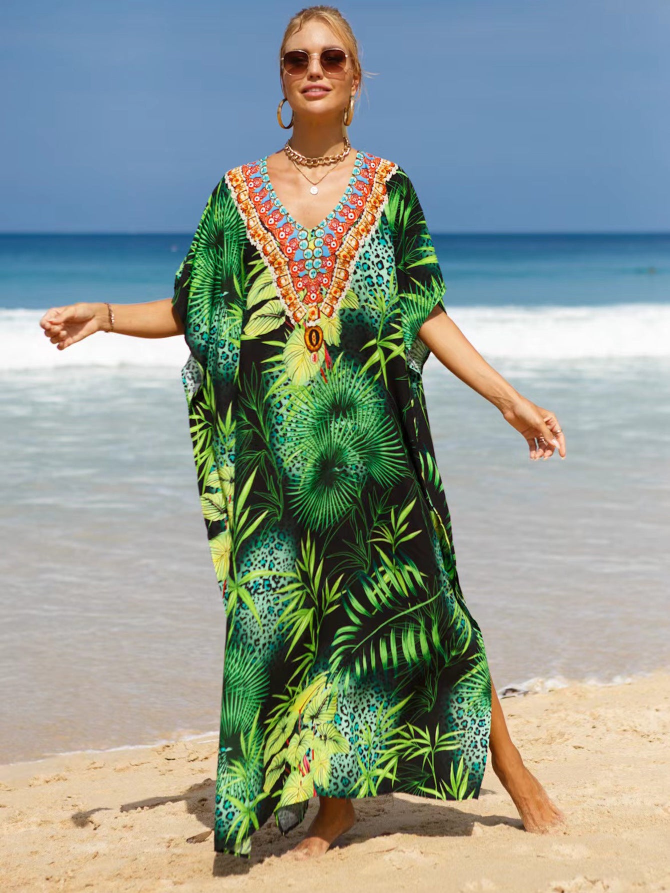 Bohemian Beach Cover Up Dress For Women - Flowy Long Maxi Dress, Lightweight Cotton Blend, Plus Size Available