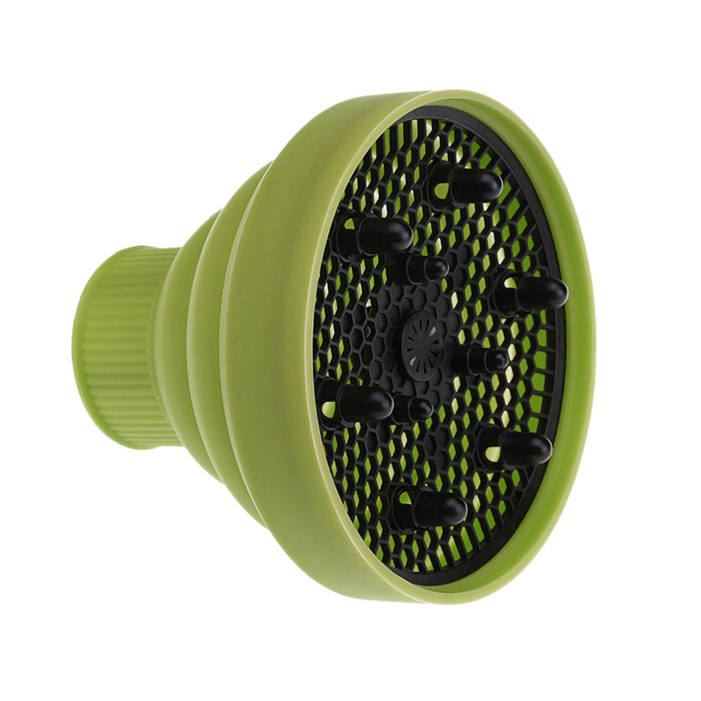 Green silicone folding hair diffuser angled view with black hex mesh center