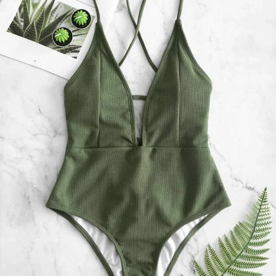 Women's European And American Swimwear Solid Color Lace-up One-piece Swimsuit