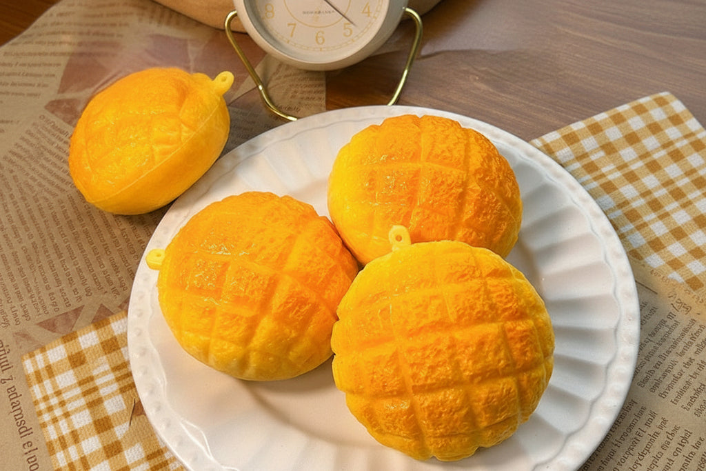 Orange pineapple bun stress relief squishy toy, round with textured ridges