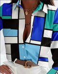 Women’s checkered button-front long-sleeve shirt, blue/teal/white blocks