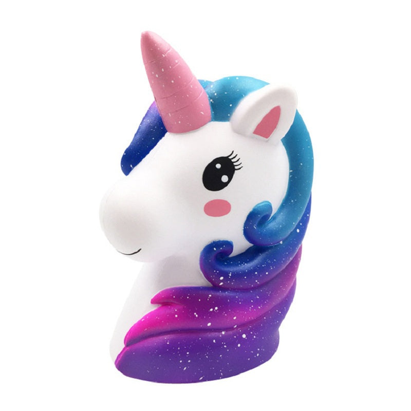 Sparkly unicorn plush toy with white face, star-speckled pink horn and purple mane.