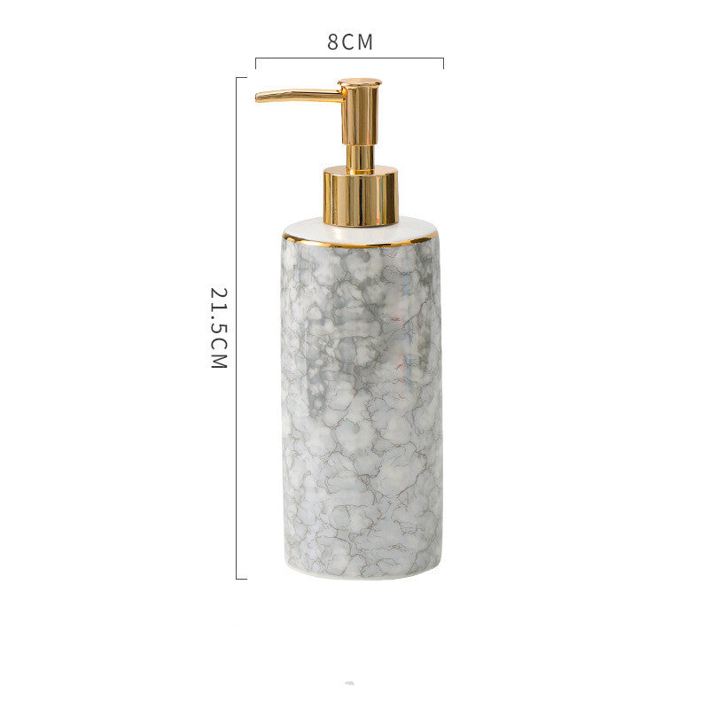 Gray marble ceramic lotion soap dispenser bottle with gold pump, 21.5 cm tall
