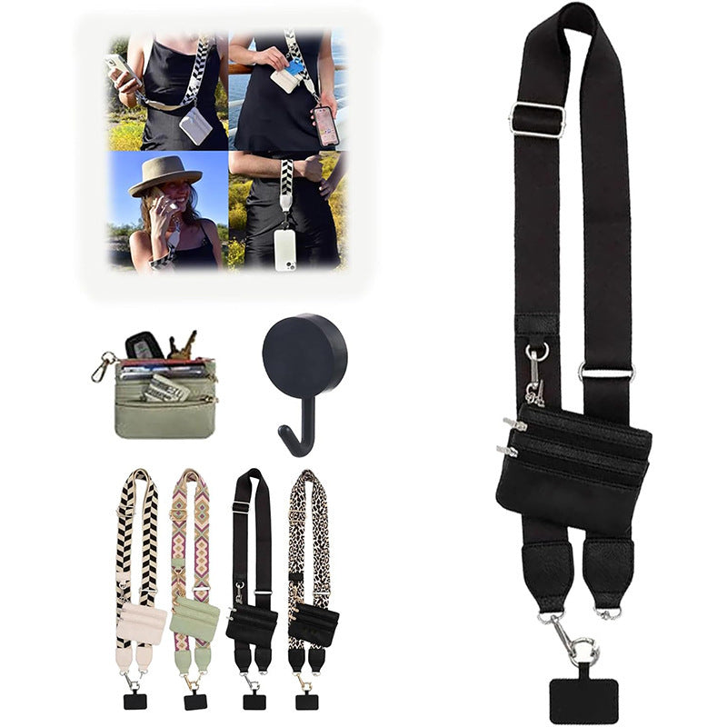 Phone crossbody lanyard with black strap and black zipper pouch, keychain attachment