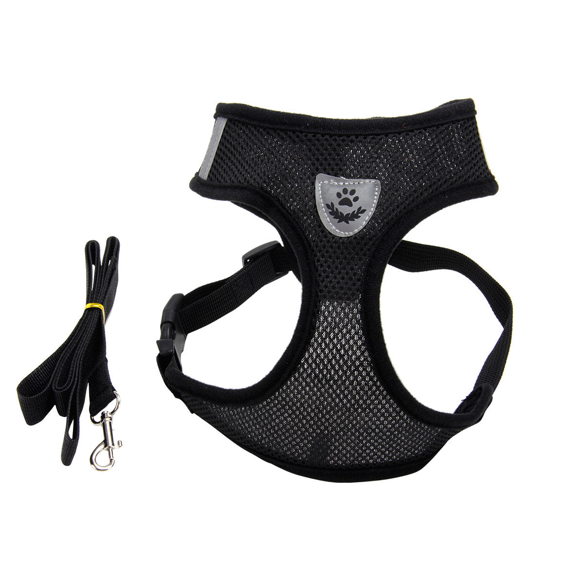 Black breathable mesh dog harness with paw badge and side leash strap