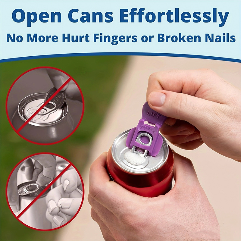 Plastic can opener with purple clip held on a red drink can
