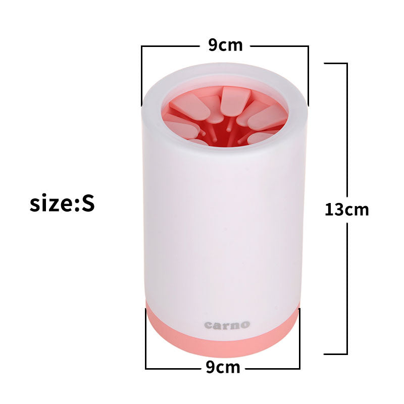 Dog paw cleaner cup (Size S) white body with pink silicone bristles, 13 cm tall
