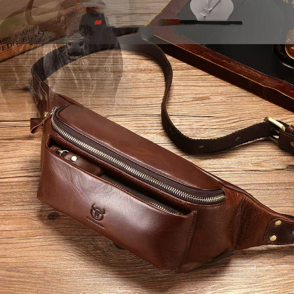 Genuine Leather One Shoulder Crossbody Bag for Men Riding Waist Phone Holder European Retro Style