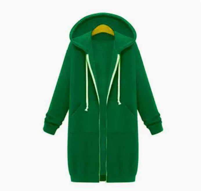 Green long zip-up hoodie fleece jacket with drawstring hood and front patch pockets