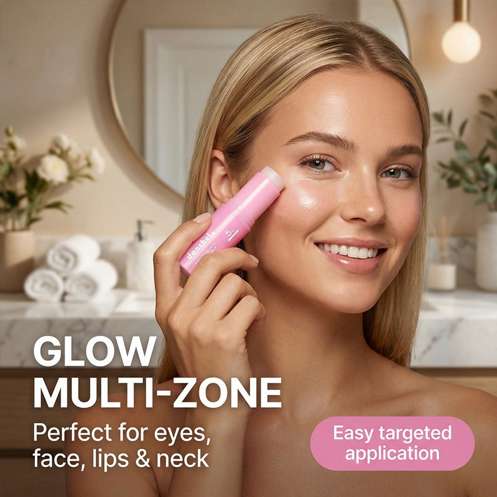 Pink moisturizing balm stick held near cheek for targeted face, lips, and neck