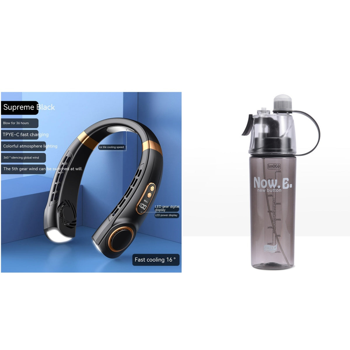 Black hanging neck fan with LED display, shown with clear water bottle accessory