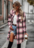 Long sleeve pink plaid cardigan coat with button front and chest patch pockets