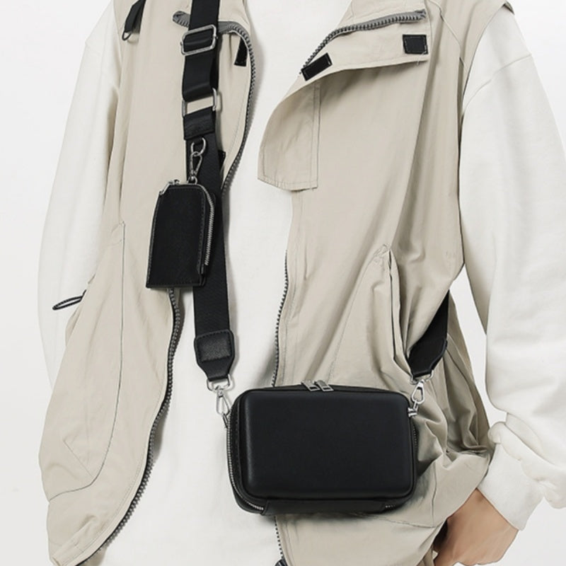 Mens Crossbody Bag PU Leather Pure Color All Matching Street Style Minimalist Single Shoulder Zipper Closure Leisure Bag