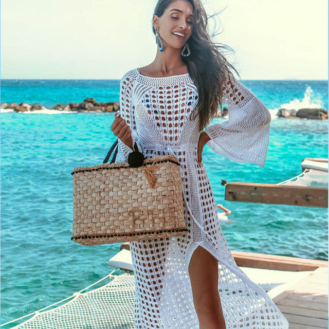 Women Crochet Beach Knitted Beach Cover Up Dress Tunic Long