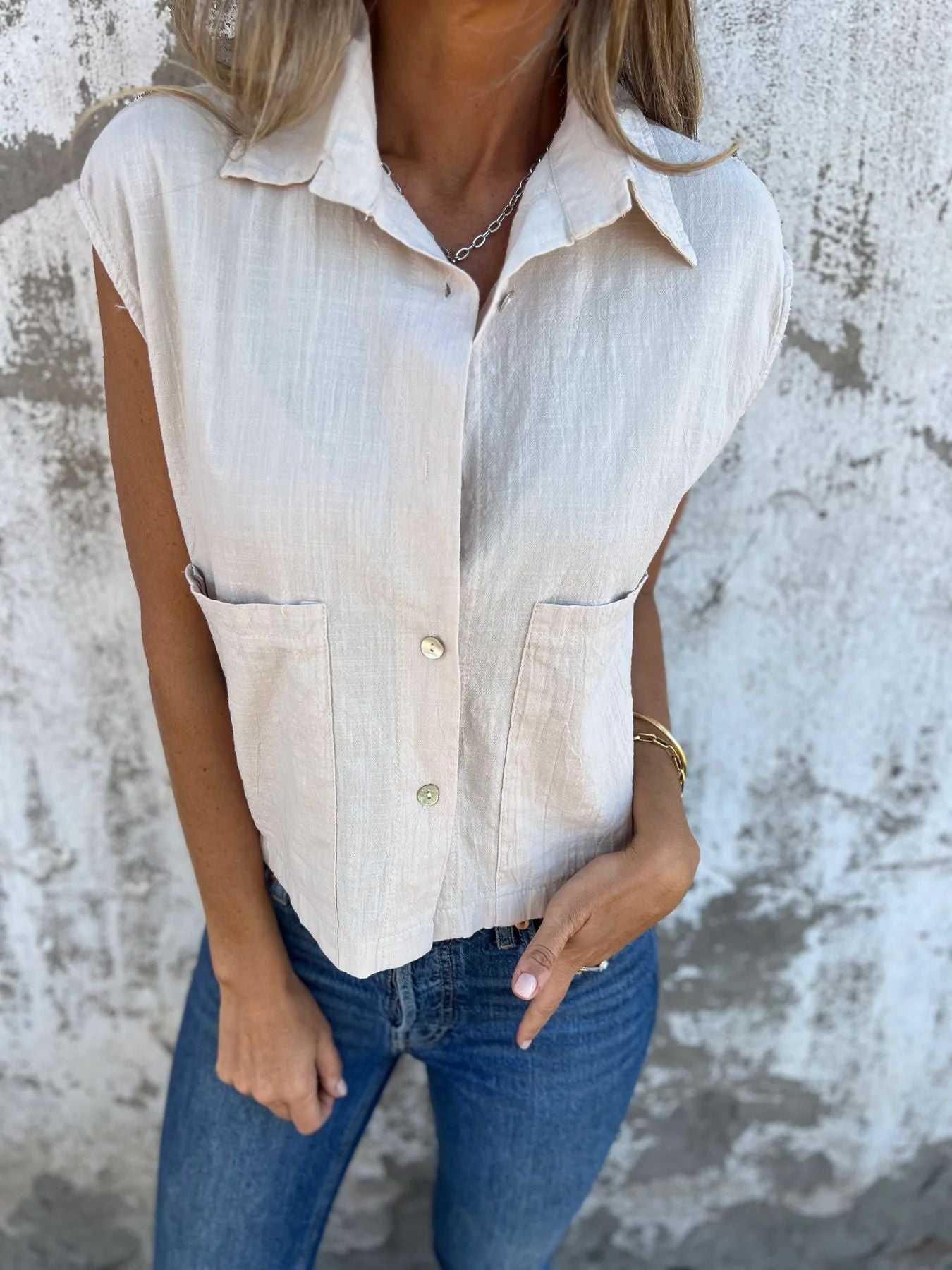 Women's Casual Cotton Linen Button-Up Shirt - Loose Fit with Pockets