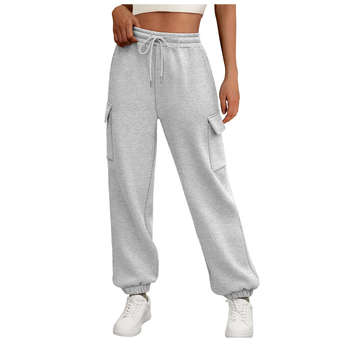 Women’s baggy cargo jogger sweatpants with drawstring waist, side pockets, light gray
