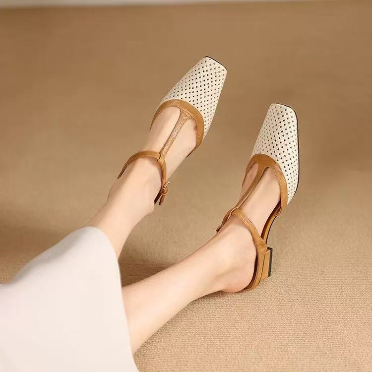 Women's Elegant Retro Soft Bottom Square Toe Sandals - Color-Blocking Summer Shoes
