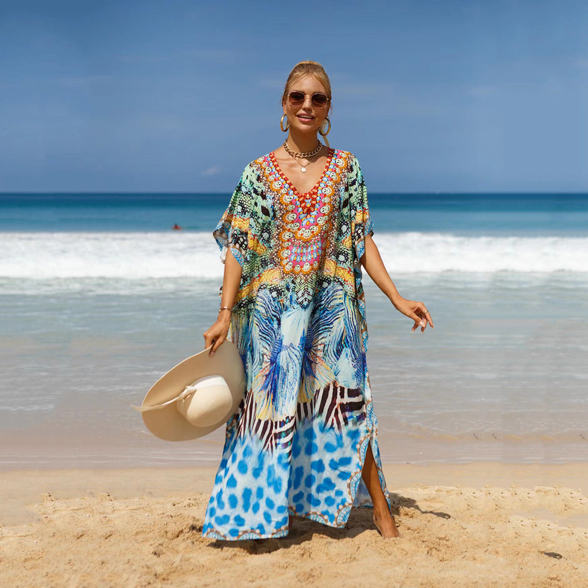 Bohemian Beach Cover Up Dress For Women - Flowy Long Maxi Dress, Lightweight Cotton Blend, Plus Size Available