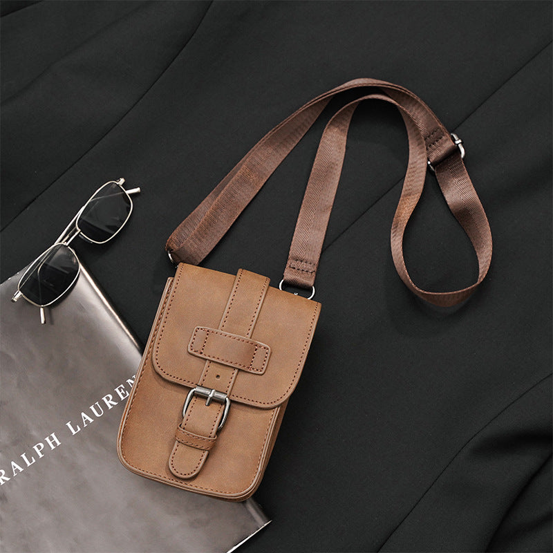 Brown PU Leather Trendy Retro Mini Crossbody Bag For Men Shoulder Phone Bag For Leisure Travel