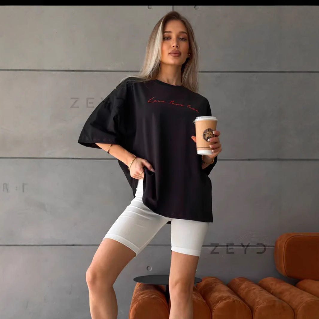 Commuter-sweet-letter-printed-cotton-short-sleeved-t-shirt