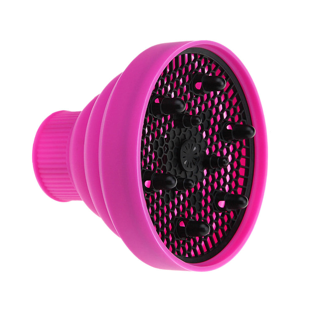Purple silicone folding hair diffuser with black hex mesh and ribbed grip
