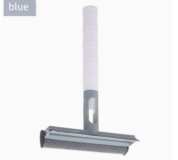 Glass cleaner spray bottle with double-sided wiper, blue accent handle, window squeegee