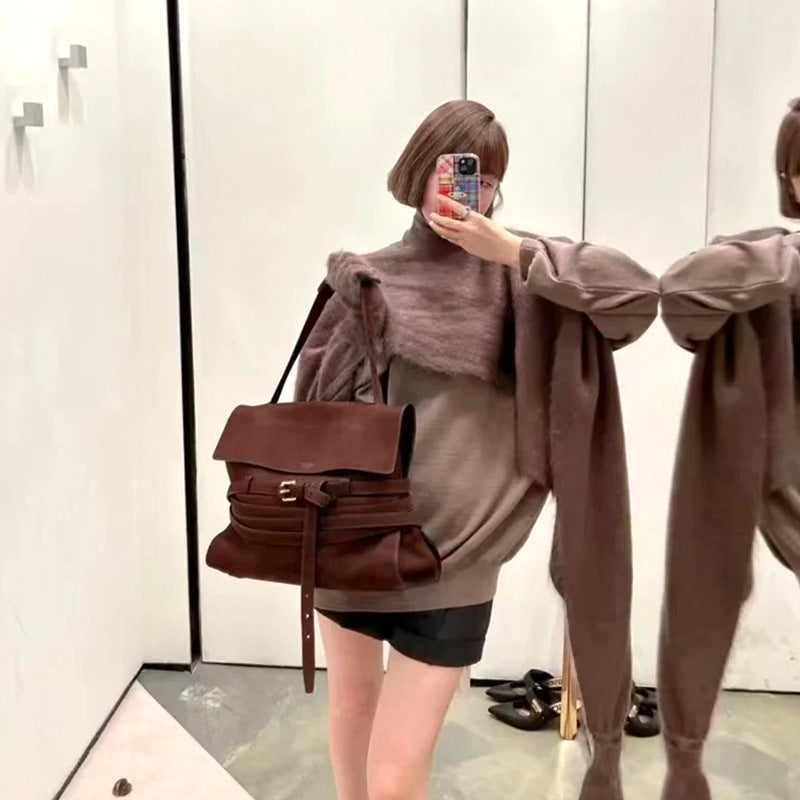 Portable Genuine Leather Shoulder Bag With Buckle Crossbody In Black Small Size 20x10x18cm And Large Size 38x14x29cm