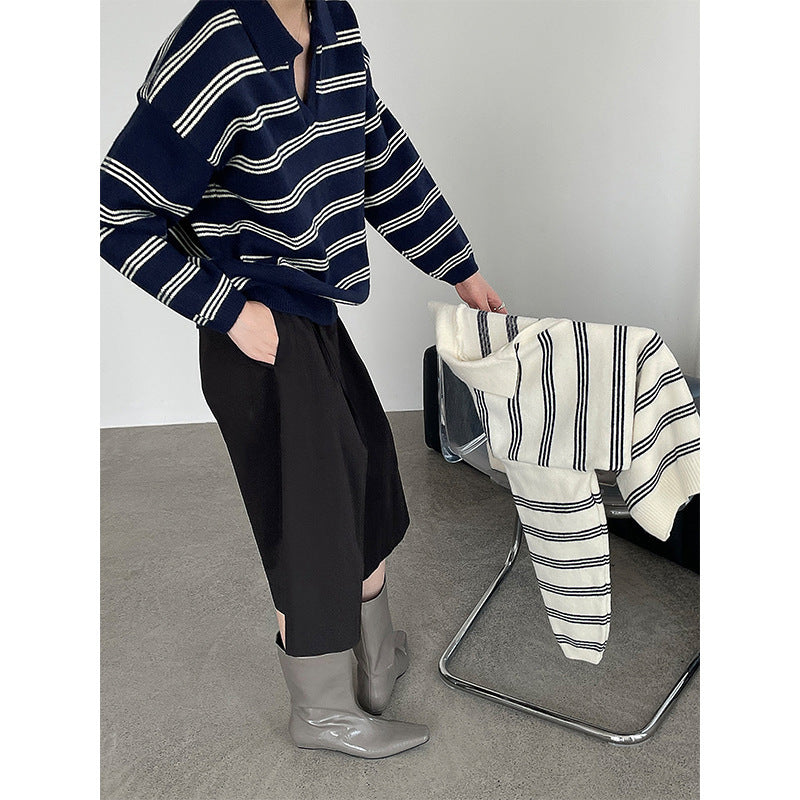 Korean Style Idle Style Polo Collar Loose Striped Knitted Sweater
