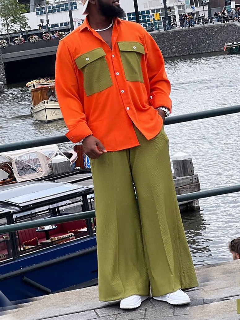 Orange And Olive Green Color-block Shirt With Wide-Leg Pants