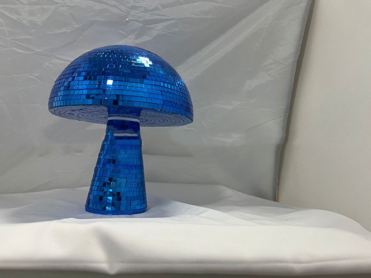 Blue mirror-glass mushroom disco ball with reflective mosaic cap and stem