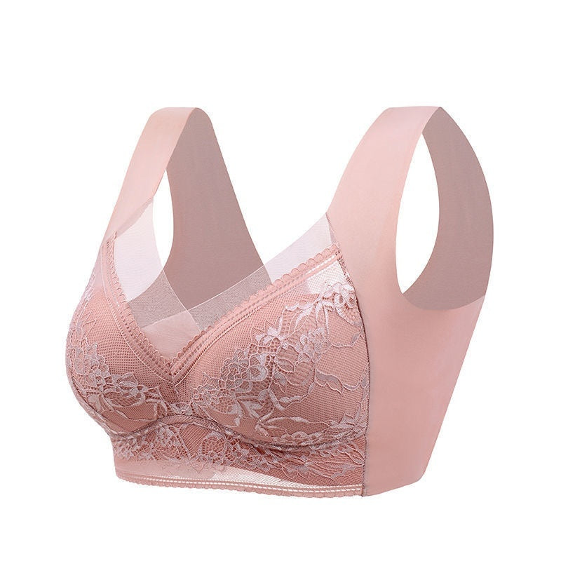 Blush pink lace wireless push-up bra with 3/4 cups and scalloped lace trim.