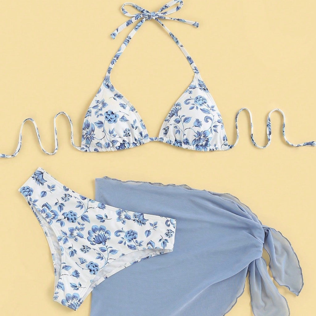 Small Floral Tie-neck Three-piece Bikini Split Swimsuit Swimwear Women
