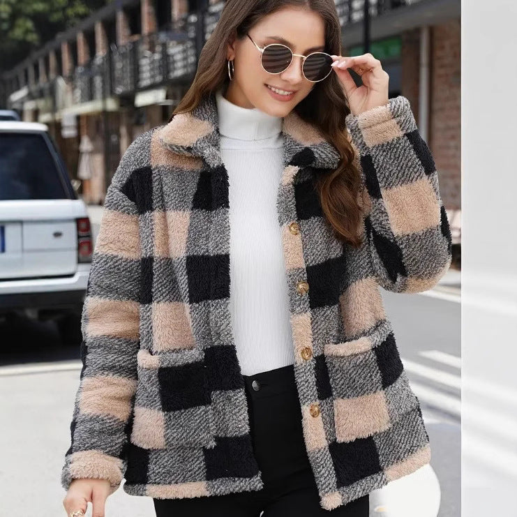Women’s tan and black plaid single-breasted jacket with button front and lapel collar.
