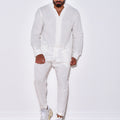 Men's linen two-piece set in white: V-neck long-sleeve top and straight pants