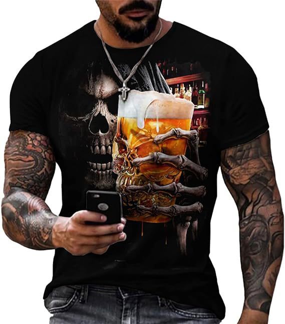 Printed Men's Short Sleeve Skull Head Round Neck T-shirt Hot Selling Short Sleeve