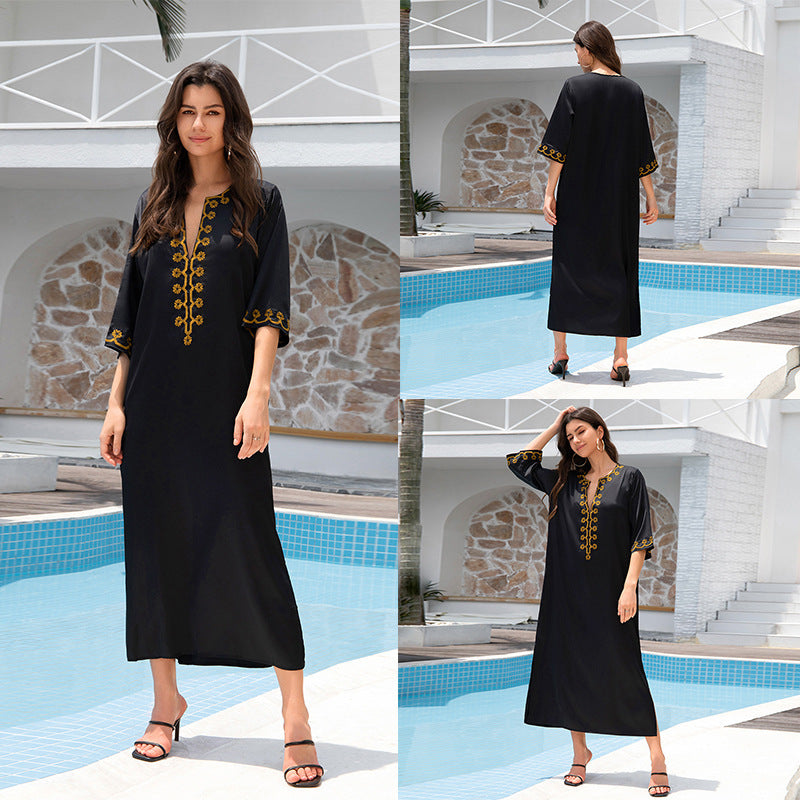 Outerwear Cover-up Rayon Embroidery Plus Size Long Dress Women