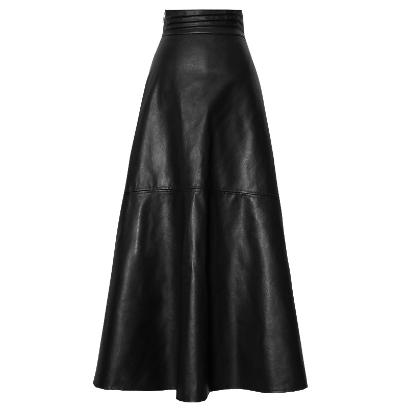 High-waist leather skirt, black flared silhouette with waistband seam