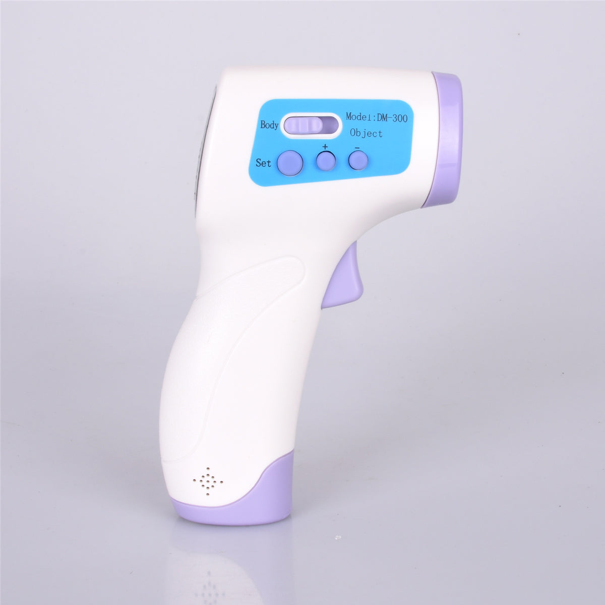 White infrared non-contact forehead thermometer with blue control panel and purple trim