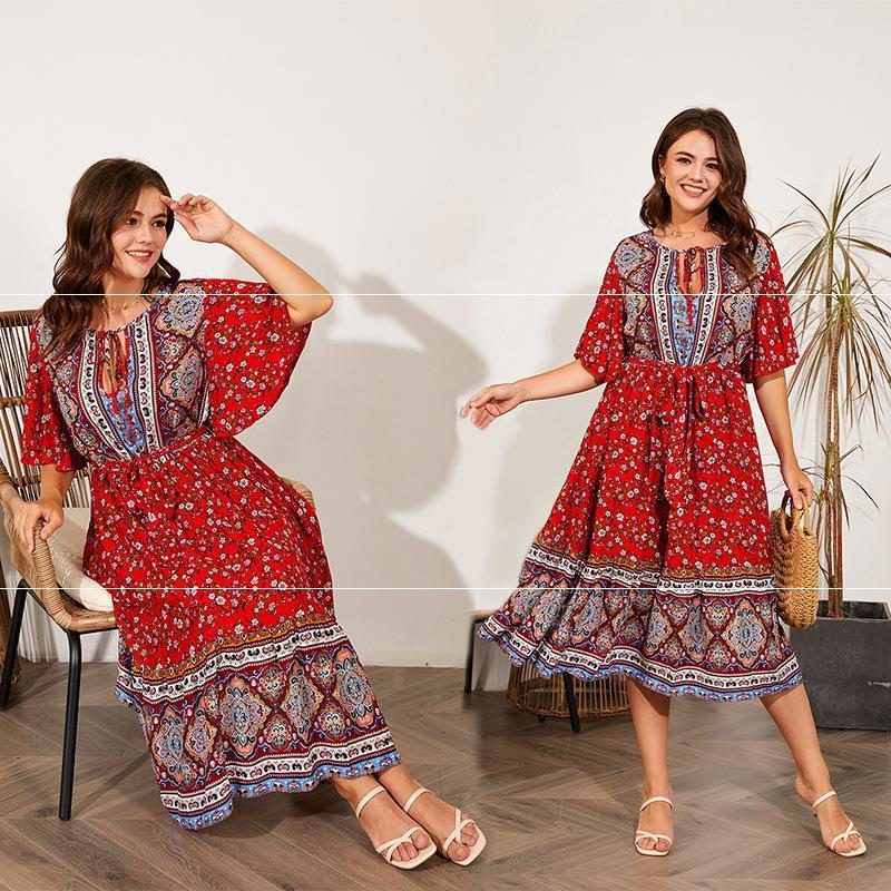 Plus Size Summer V Neck Print Beach Dress Cotton Red for Women Sizes L XL XXL 3XL 4XL