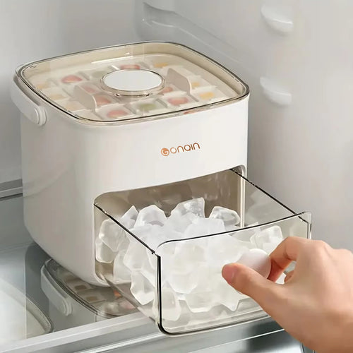 Milky white ice cube maker tray with clear lid and handle, ice cubes visible inside