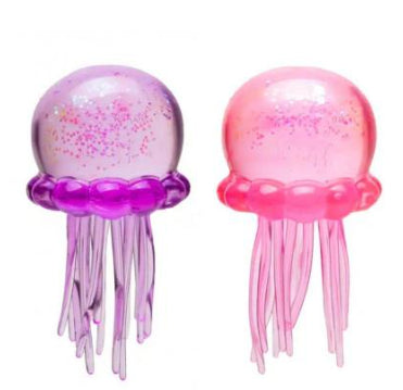 Two octopus squishy toys: purple and pink heads with long translucent tentacles
