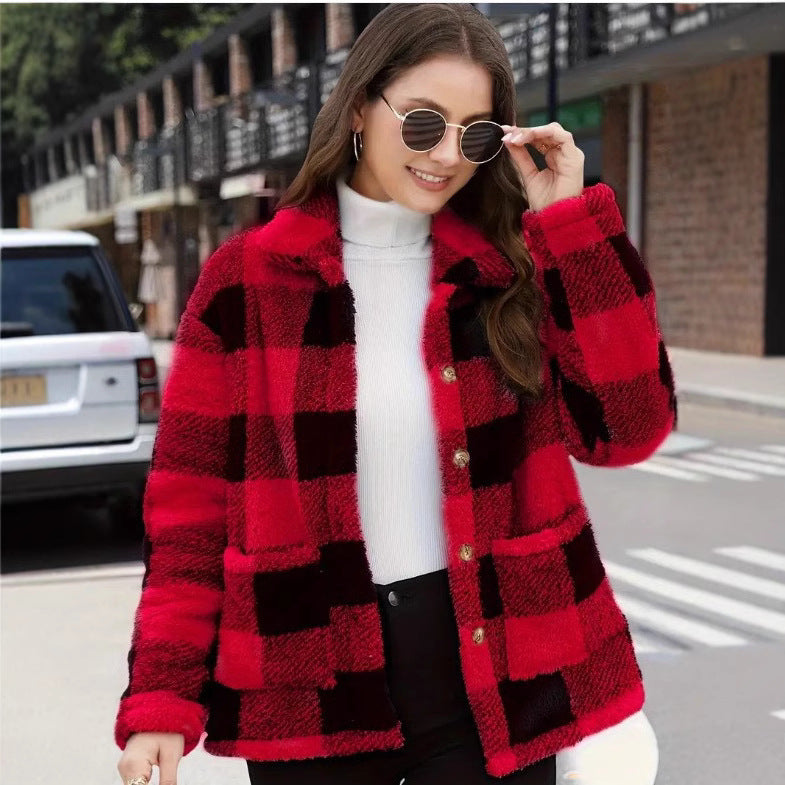 Women’s red and black plaid single-breasted jacket with button front and lapel collar.