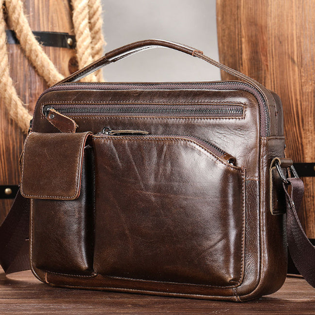 Men's High Sense Oil Wax Genuine Leather Messenger Bag For Business Travel And Daily Use