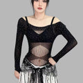 Black sheer rhinestone bodysuit with long sleeves, off-shoulder neckline, and open back look