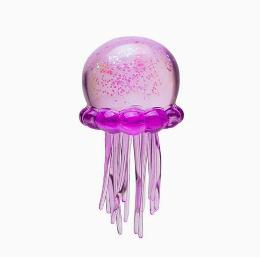 Purple octopus squishy toy with speckled glitter head and long dangling tentacles
