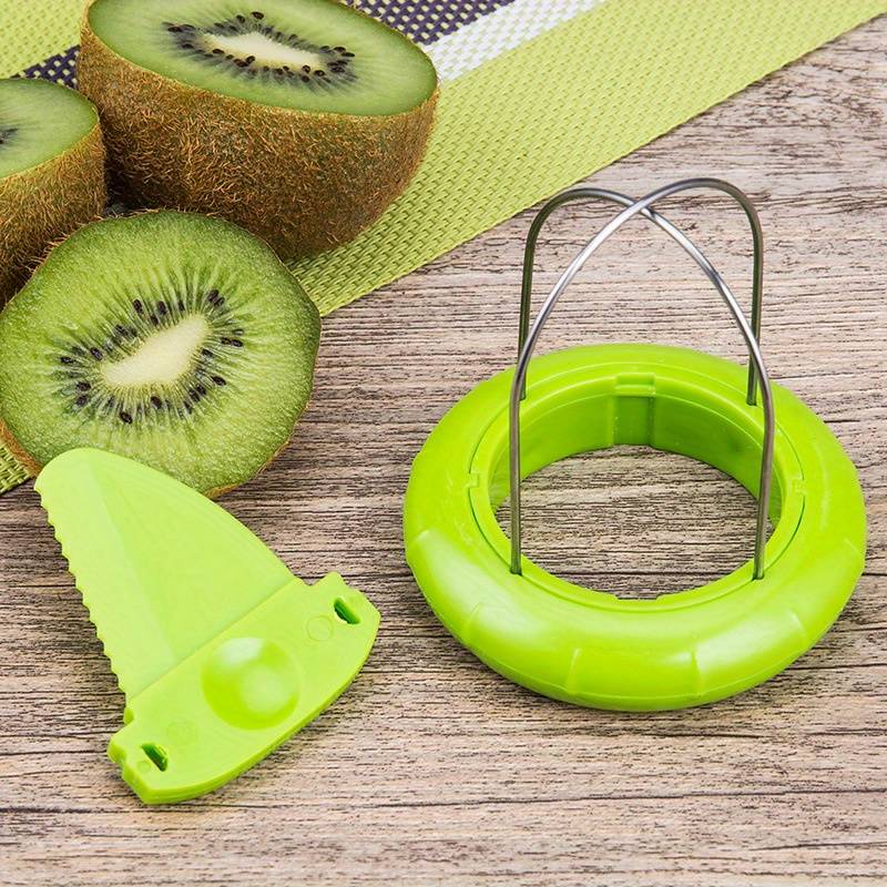 Green kiwi peeler and splitter tool with base ring and removed blade